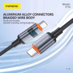 FONENG, X116, 1.2M Power Display Aluminum Alloy Braided Cable (60W) USB-C to USB-C – Grey