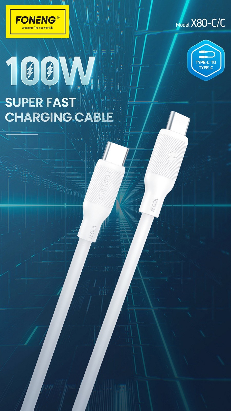 original.jpeg FONENG X80 1M USB-C to USB-C (100W) – White - Image 1